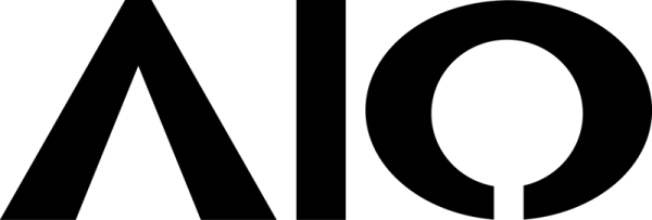 A black and white graphic with a triangle and circle design represents AIO.