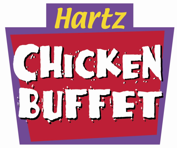 A colorful Hartz Chicken Buffet sign advertises the restaurant.