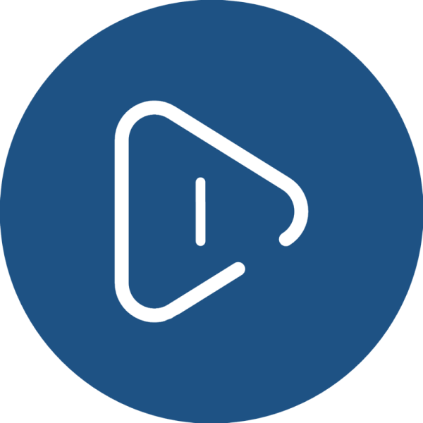 A white play button icon on a dark blue circular background.