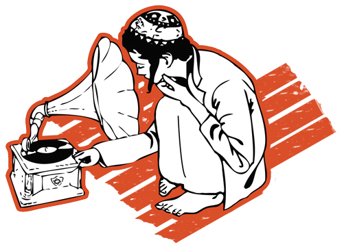 A stylized illustration shows a person using a vintage gramophone record player.